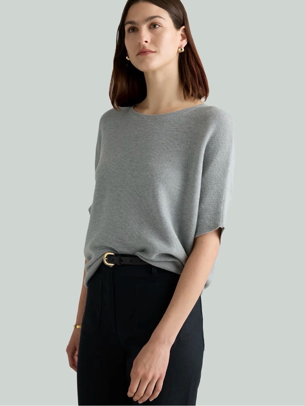 Quince Lightweight Cotton Cashmere Link-Stitch Dolman Sweater - Heather Grey
